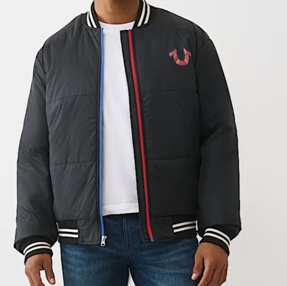 True Relugion Mens Black Puffer Jacket with Red Accent